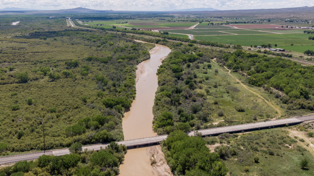 Rio Grande drone view of Rio Grande channel near San Antonio NM